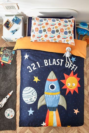 Navy Blue Kids Textured Rocket Design Duvet Cover And Pillowcase Set
