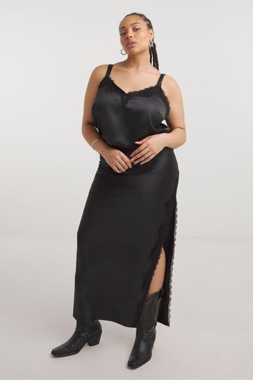 Black satin lace deals skirt