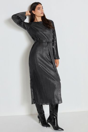 Silver Metallic Stripe Long Sleeve Belted Midi Dress