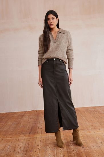 Buy Chocolate Brown Coated Denim Maxi Skirt from Next Luxembourg