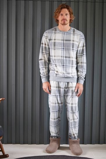 Grey/Neutral Check Cuffed Motionflex Long Sleeve Cosy Pyjamas