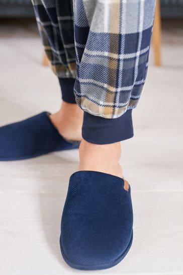 Navy Blue Textured Mule Slippers