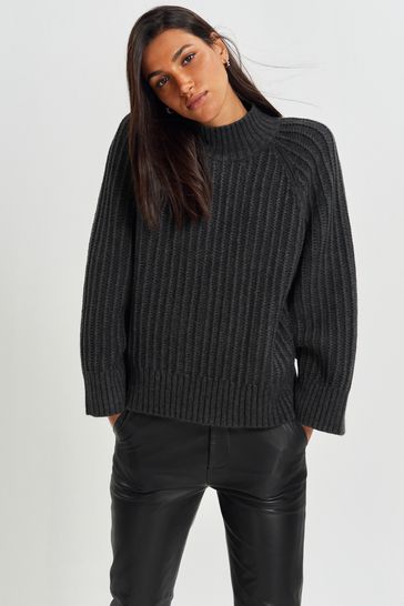 Charcoal Grey Stitch Detail High Neck Long Sleeve Jumper