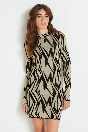 Buy Gold Black Patterned High Neck Long Sleeve Mini Jumper Dress