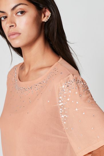 Nude Cream Mesh Short Sleeve Scatter Sparkle Top