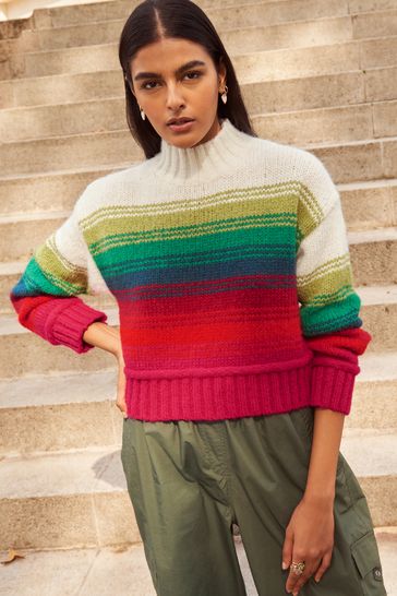 Multicolour Stripe Cropped High Neck Long Sleeve Jumper