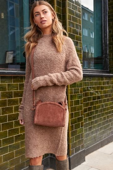 Tan Brown Leather Suede Dome Cross-Body Bag