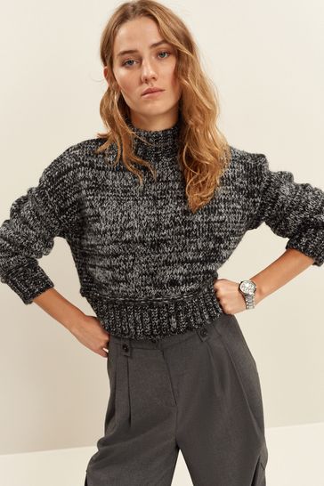 Charcoal Grey Cropped High Neck Long Sleeve Jumper