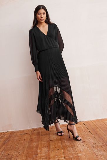 Black Wrap Front Sheer Skirt Midi Dress