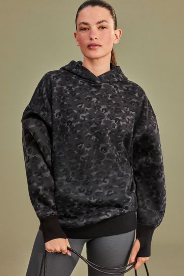Black Grey Animal Active Relaxed Fit Longline Overhead Hoodie