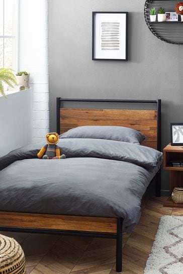 Oak Effect and Metal Bronx Kids Wooden Bed Frame
