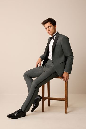 Charcoal Grey Tailored Textured Tuxedo Suit Jacket