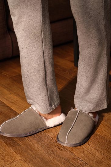 Grey Suede Mule Slippers