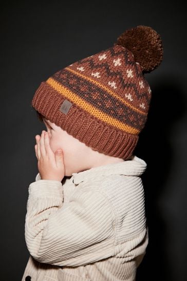 Rust Brown Fairisle Pattern Pom Hat (3mths-16yrs)