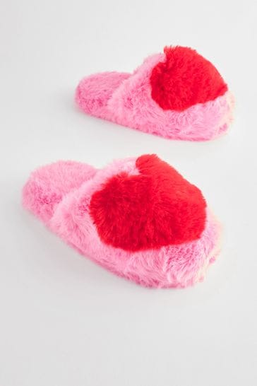 Pink Heart Recycled Faux Fur Mule Slippers