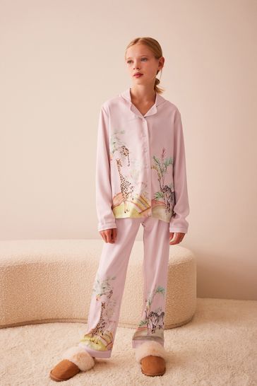 Pink Safari Satin Button Through Pyjamas (6-16yrs)