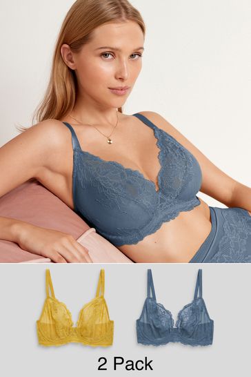 Navy Blue/Ochre Yellow Non Pad Plunge DD+ Lace Bras 2 Pack