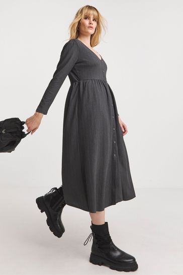 Simply Be Grey Waffle Button-Up Midi Dress