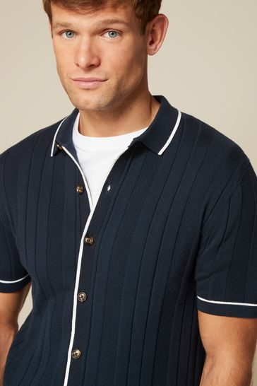 Navy Texture Button-Through Polo Shirt
