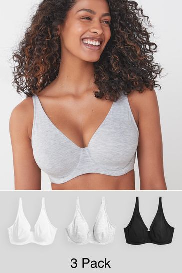 Buy Black/Grey Marl/White Non Pad Full Cup DD+ Cotton Blend Bras 3 Pack  from Next USA