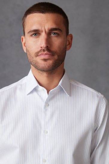 White/Blue Stripe Slim Fit Signature Super Non Iron Single Cuff Shirt