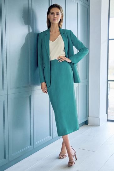 Green Textured Tailored Midi Skirt