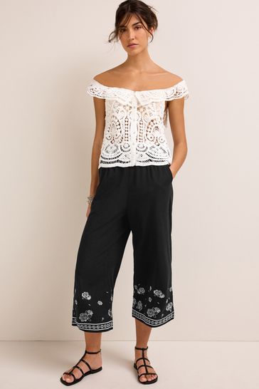 Black Linen Mix Embroidery Culotte Trousers