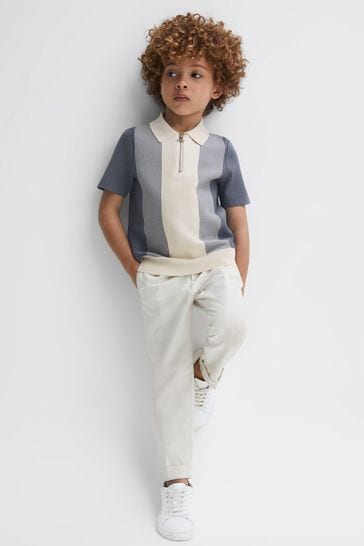 Reiss Airforce Blue/Ecru Milton Junior Half-Zip Striped Polo T-Shirt