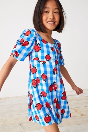 Strawberry Print Shirred Sleeve Dress (3-16yrs)