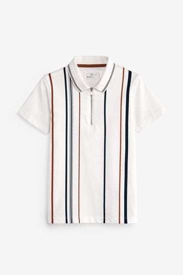 White Vertical Stripe Short Sleeve Zip Neck Polo Shirt (3-16yrs)