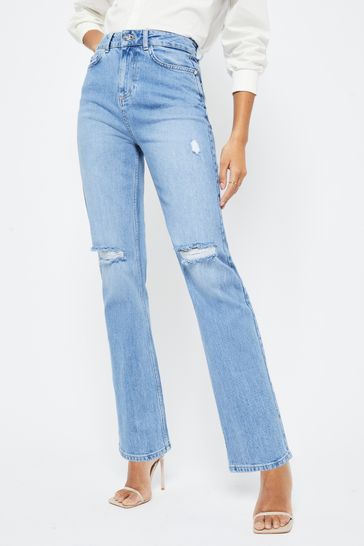 Lipsy Ripped Blue High Waist Straight Leg Harper Jeans