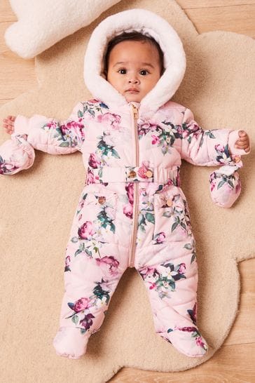 Lipsy Pink Floral Fleece Lined Baby Snowsuit
