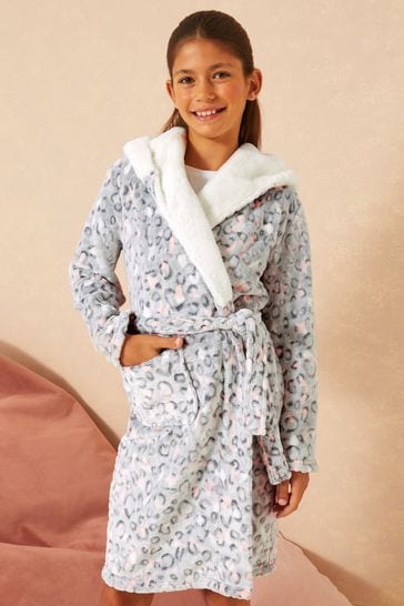Lipsy Grey Leopard Borg Embroidered Dressing Gown