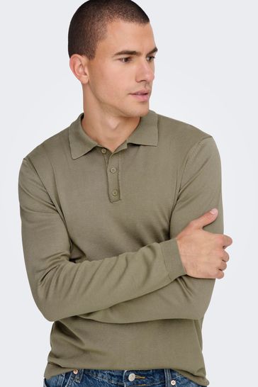 Only & Sons Brown Long Sleeve Knitted Polo Shirt