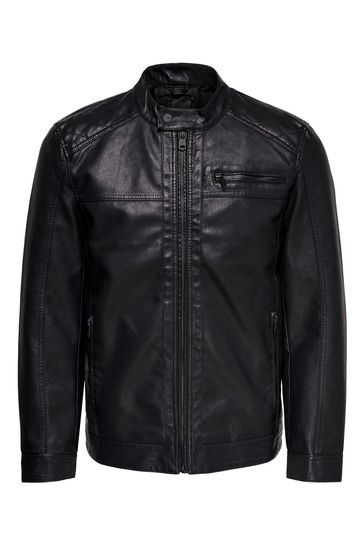 Only & Sons Black Collarless Faux Leather Biker Jacket