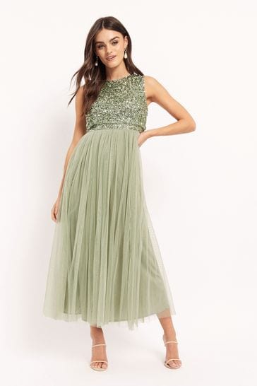 Maya Sage Green Sleeveless Sequin Midaxi Overlay Dress