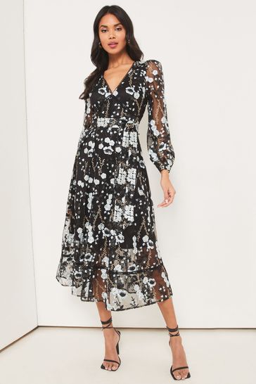 Black embroidered skater dress store