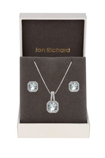 Jon Richard Silver Rhodium Plated Aqua Blue Cubic Zirconia Crystal Square Drop Set - Gift Boxed