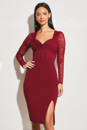 Buy Lipsy Berry Red Knotted Sweetheart Neck Lace Long Sleeve Corset Dress  from Next USA