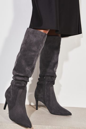 Lipsy Grey suedette Regular Fit Long Knee High Ruched Mid Heeled Boot