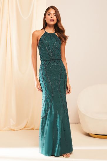 Lipsy Forrest Green Kate Hand Embellished Sequin Halter Bridesmaid Maxi Dress