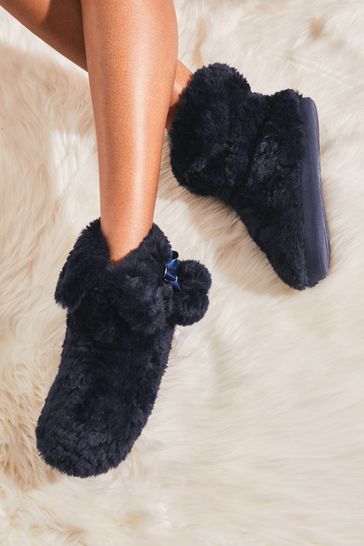 Lipsy Navy Blue Faux Fur Pom Bootie Slippers