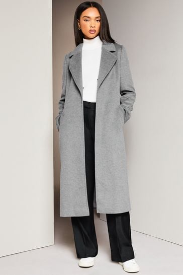 Lipsy Grey Premium Wool Blend Faux Fur Collar Wrap Coat