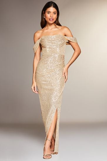 Buy Lipsy Gold Petite Sequin Bardot Split Drape Maxi Dress from