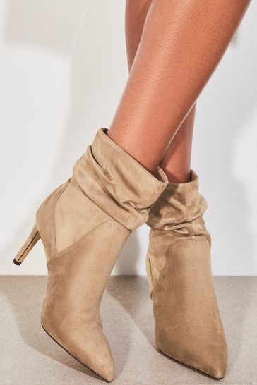 Lipsy Camel Regular Fit Ankle Suedette Ruched Mid Heeled Boot