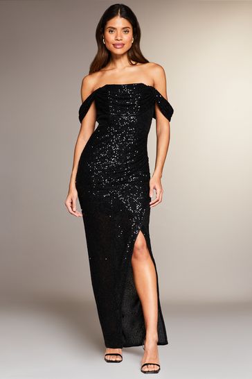 Lipsy Black Sequin Bardot Split Drape Maxi Dress
