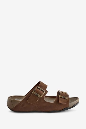 FitFlop Mens Gogh Moc Buckle Leather Brown Slides