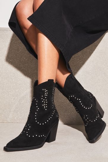 Lipsy Black Mid Heeled Zip Up Studded Western Ankle Boot