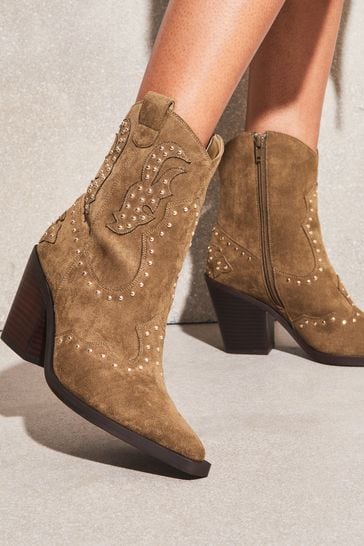 Lipsy Tan Brown Mid Heeled Zip Up Studded Western Ankle Boot