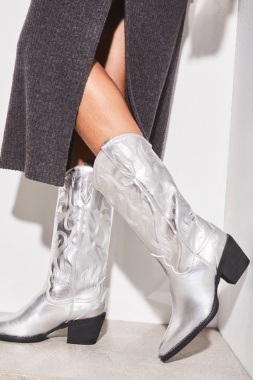 Lipsy Silver Pull On Calf Pointed Western Cowboy Heel Boot